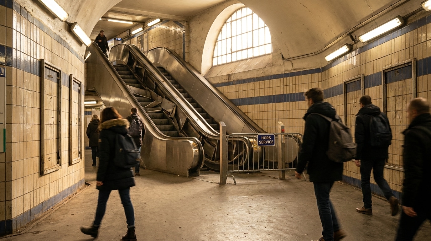 Escalator en panne dans une gare de RER parisienne