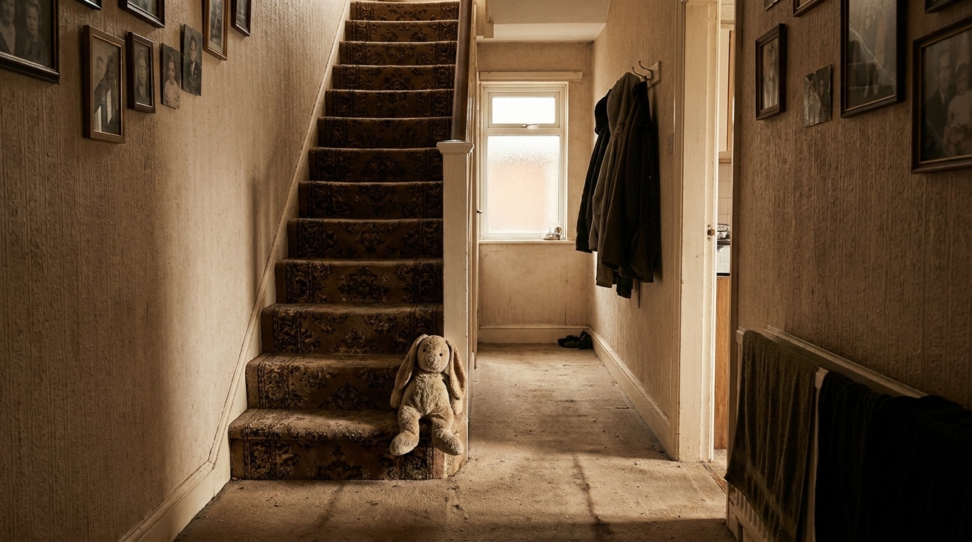 Peluche abandonnée au pied d'un escalier dans un couloir sombre