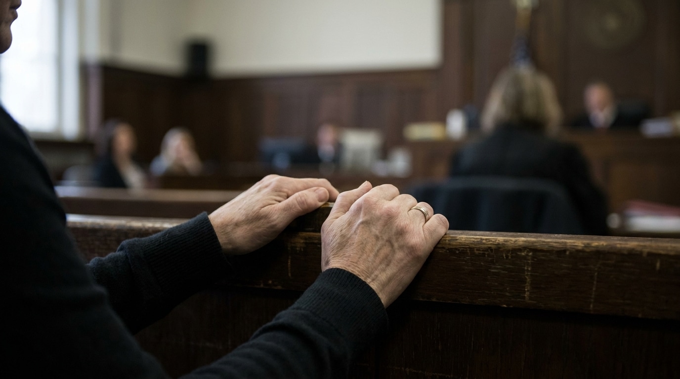 Mains crispées sur un banc de tribunal en bois