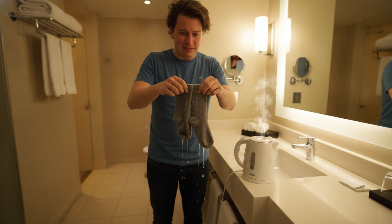 Voyageur tenant des vêtements près d'une bouilloire d'hôtel