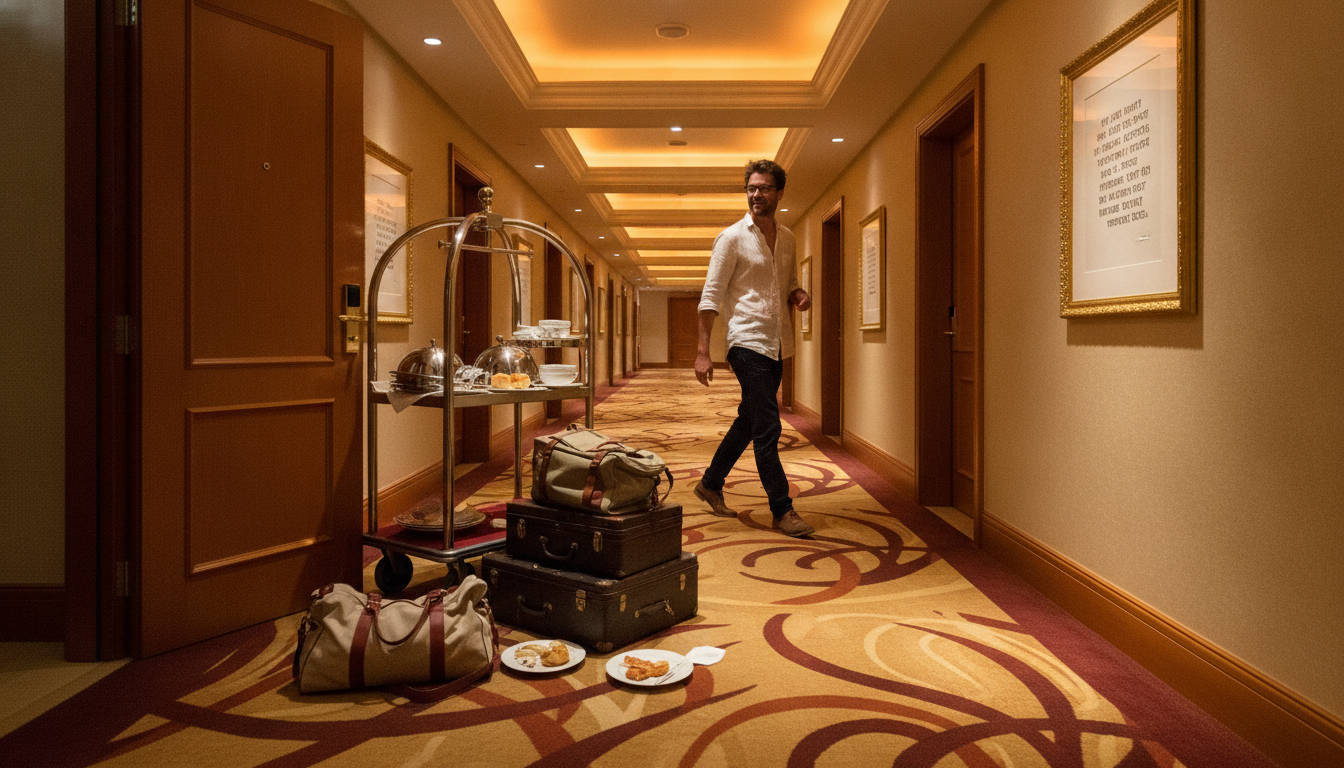 Couloir d'hôtel avec un client et un chariot