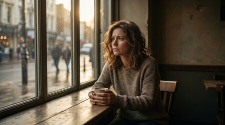 Femme pensive assise seule dans un café