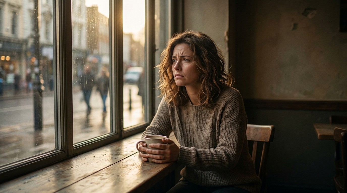 Femme pensive assise seule dans un café