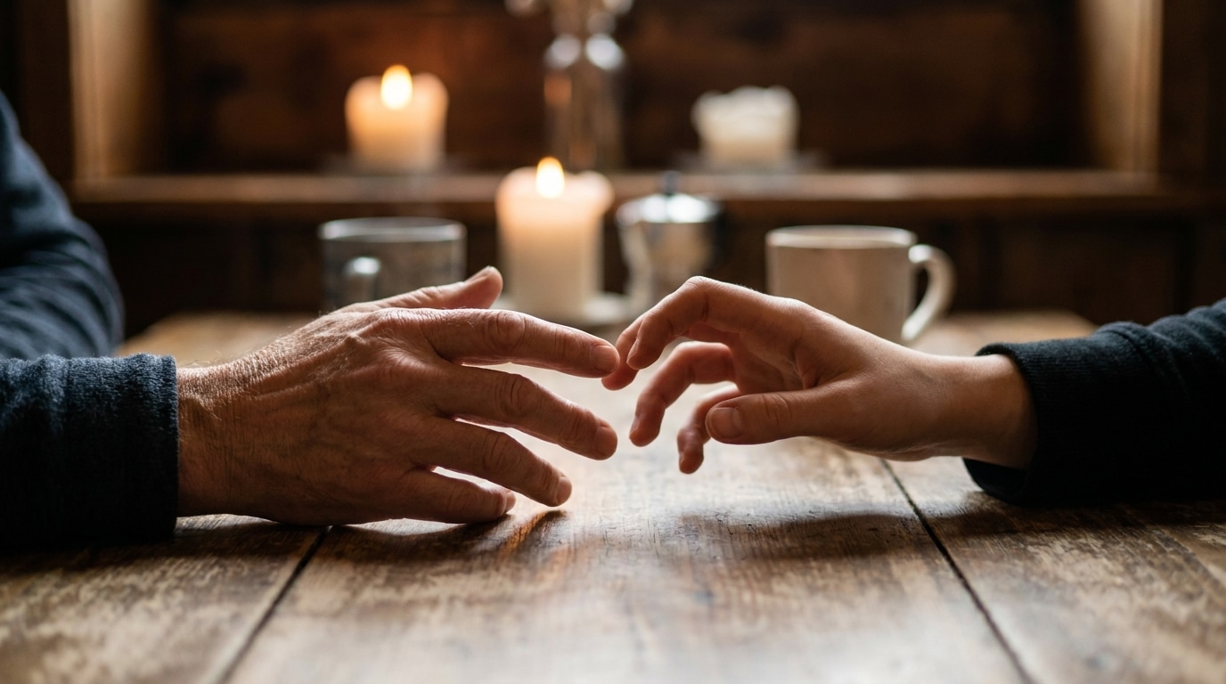 Deux mains se tendant sans se toucher sur une table