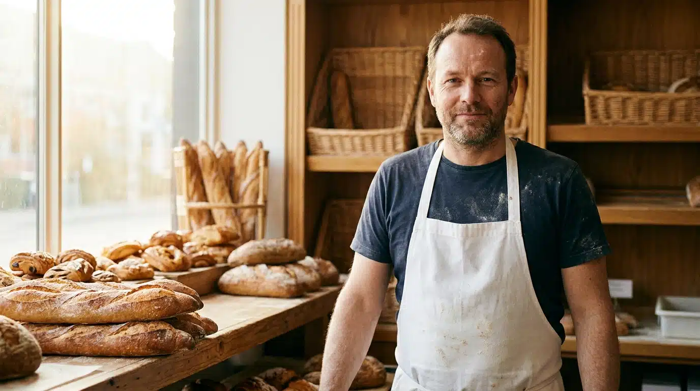 Boulanger souriant devant son comptoir garni de pains dorés