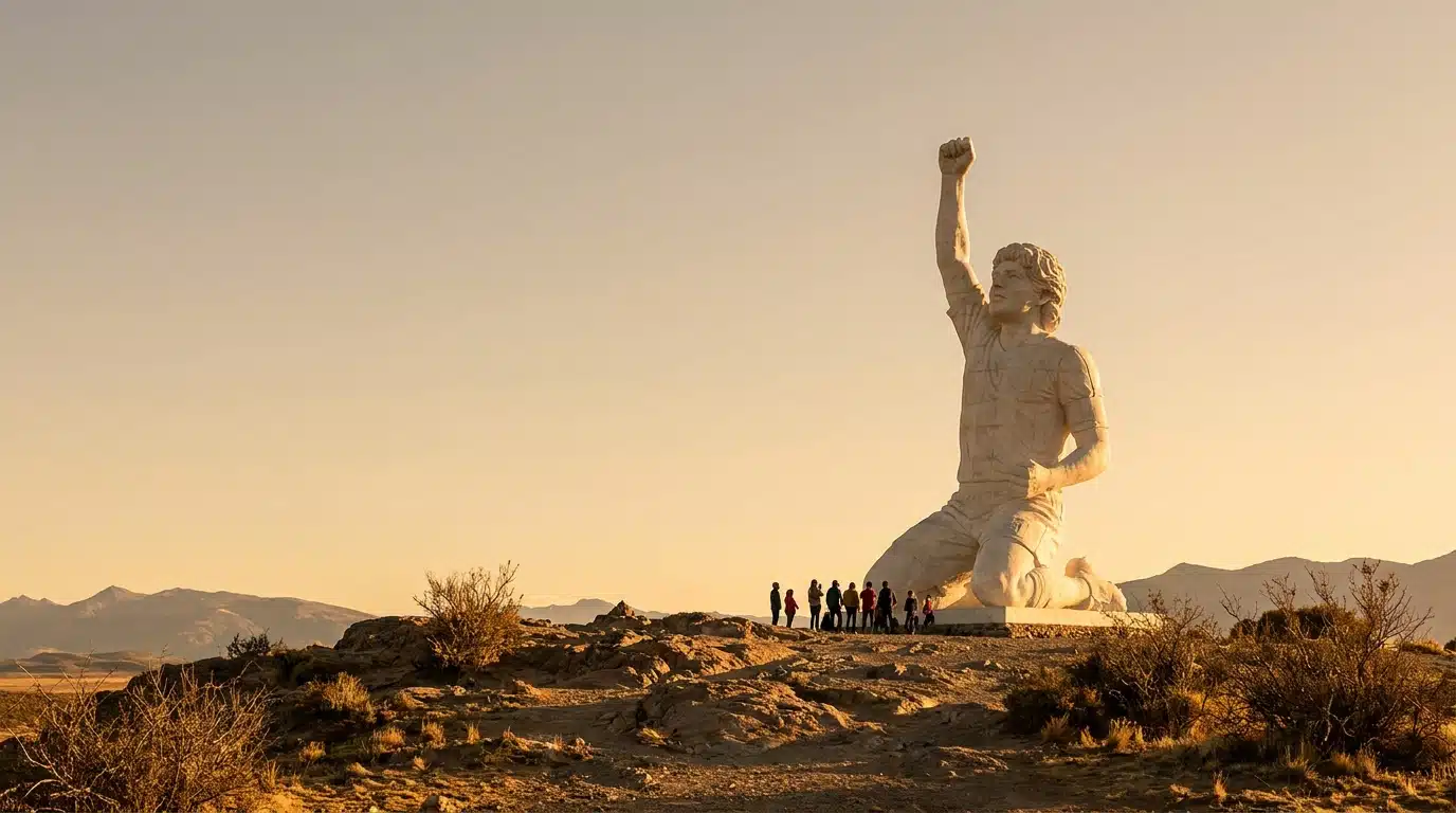 Statue blanche géante d'un footballeur dans un paysage aride