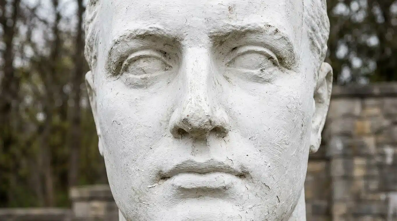 Gros plan sur le visage sculpté d'une statue blanche monumentale