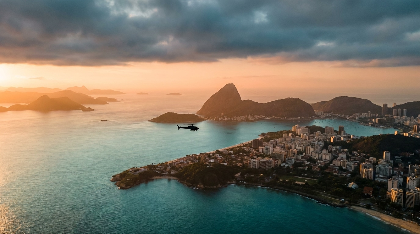 Vue aérienne de Rio de Janeiro avec hélicoptère au-dessus de la baie