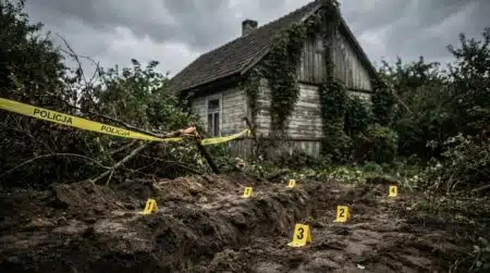 Jardin polonais partiellement excavé avec ruban de police