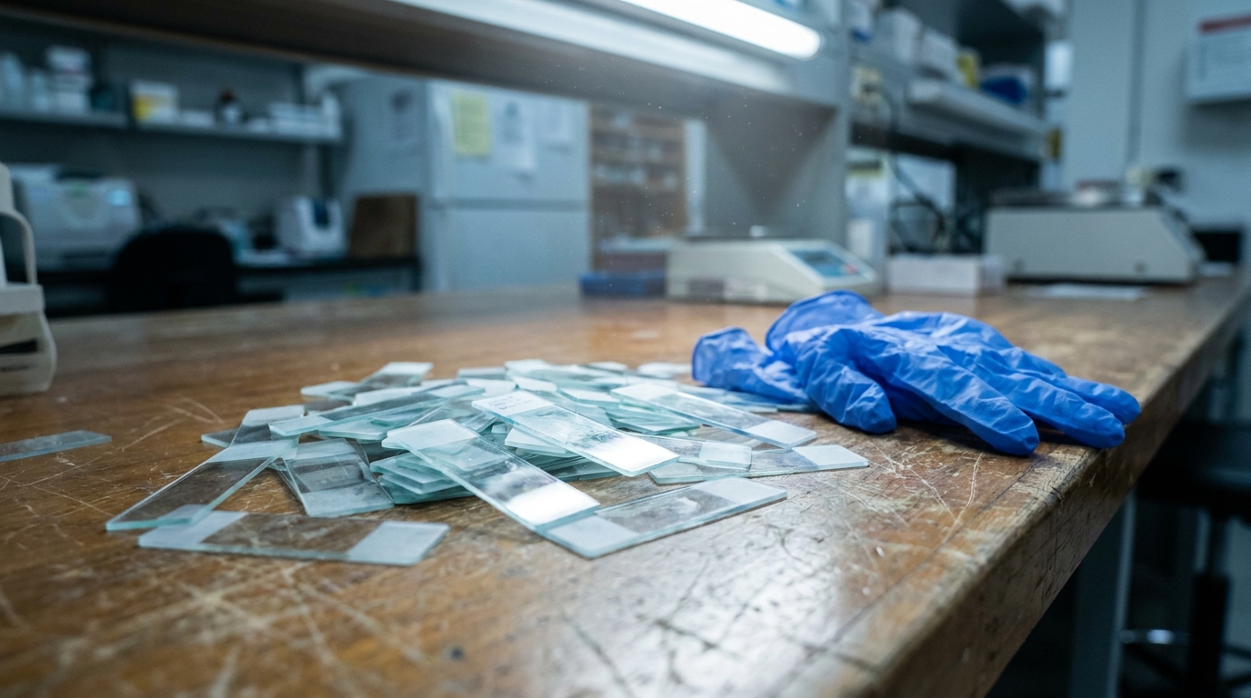 Lames de microscope empilées sur une surface en bois usée