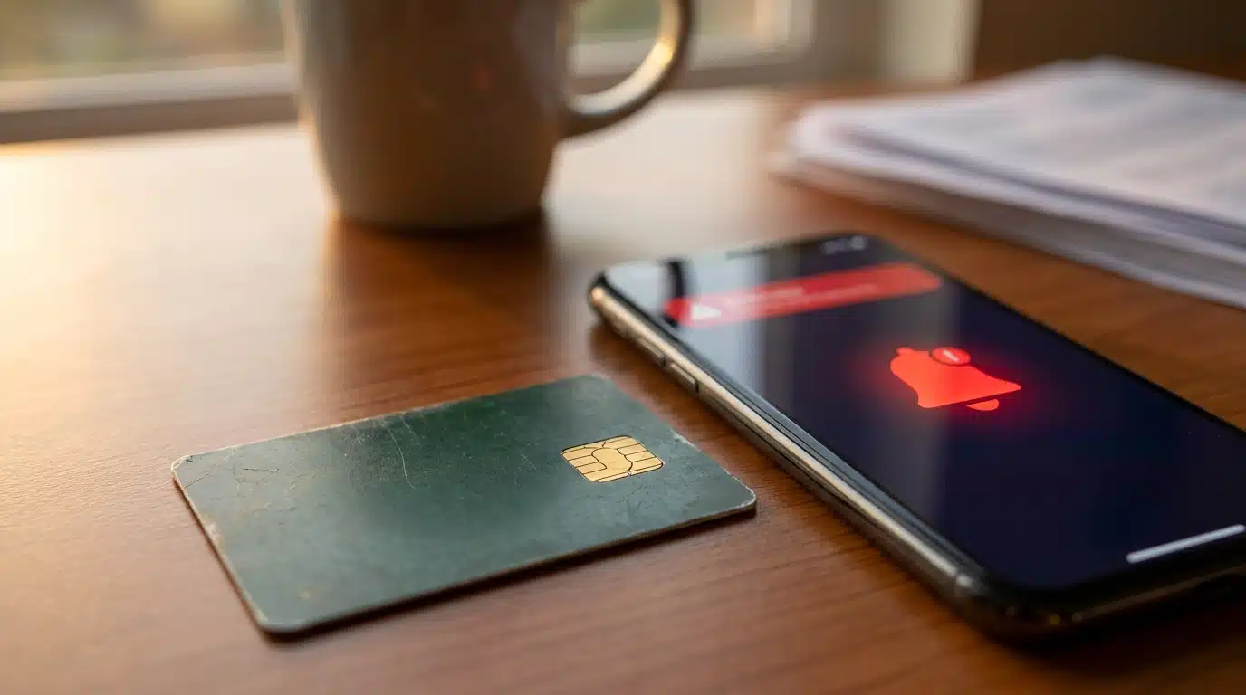 Carte vitale posée sur un bureau à côté d'un smartphone