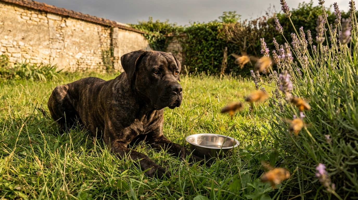 Chien croisé cane corso allongé dans un jardin près d'une gamelle
