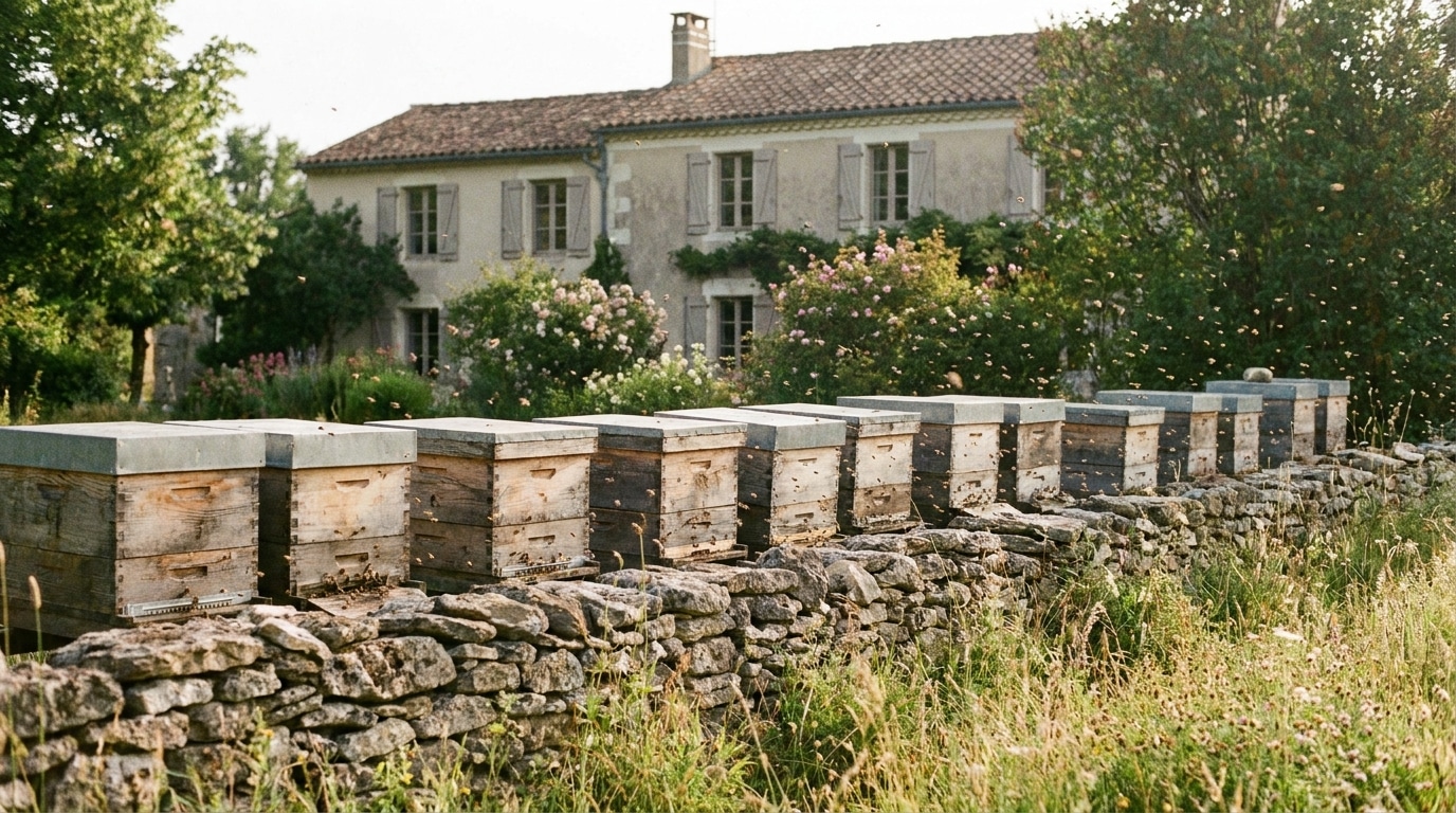 Rangées de ruches en bois installées derrière un muret de jardin