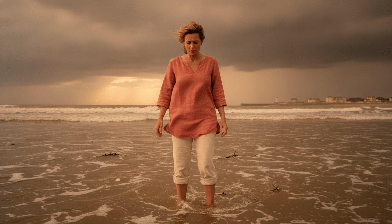 Femme inquiète dans une eau trouble après un orage