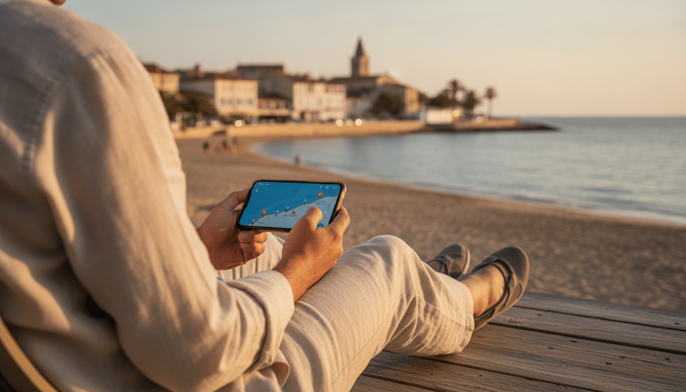 Vérification de la qualité de l'eau sur smartphone à la plage