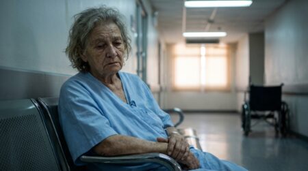 Femme âgée assise seule dans un couloir d'hôpital