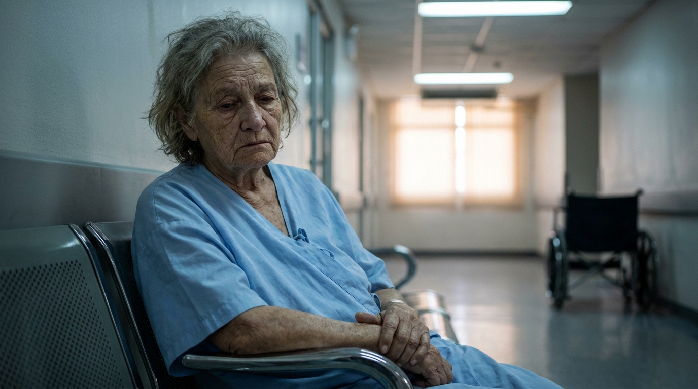 Femme âgée assise seule dans un couloir d'hôpital