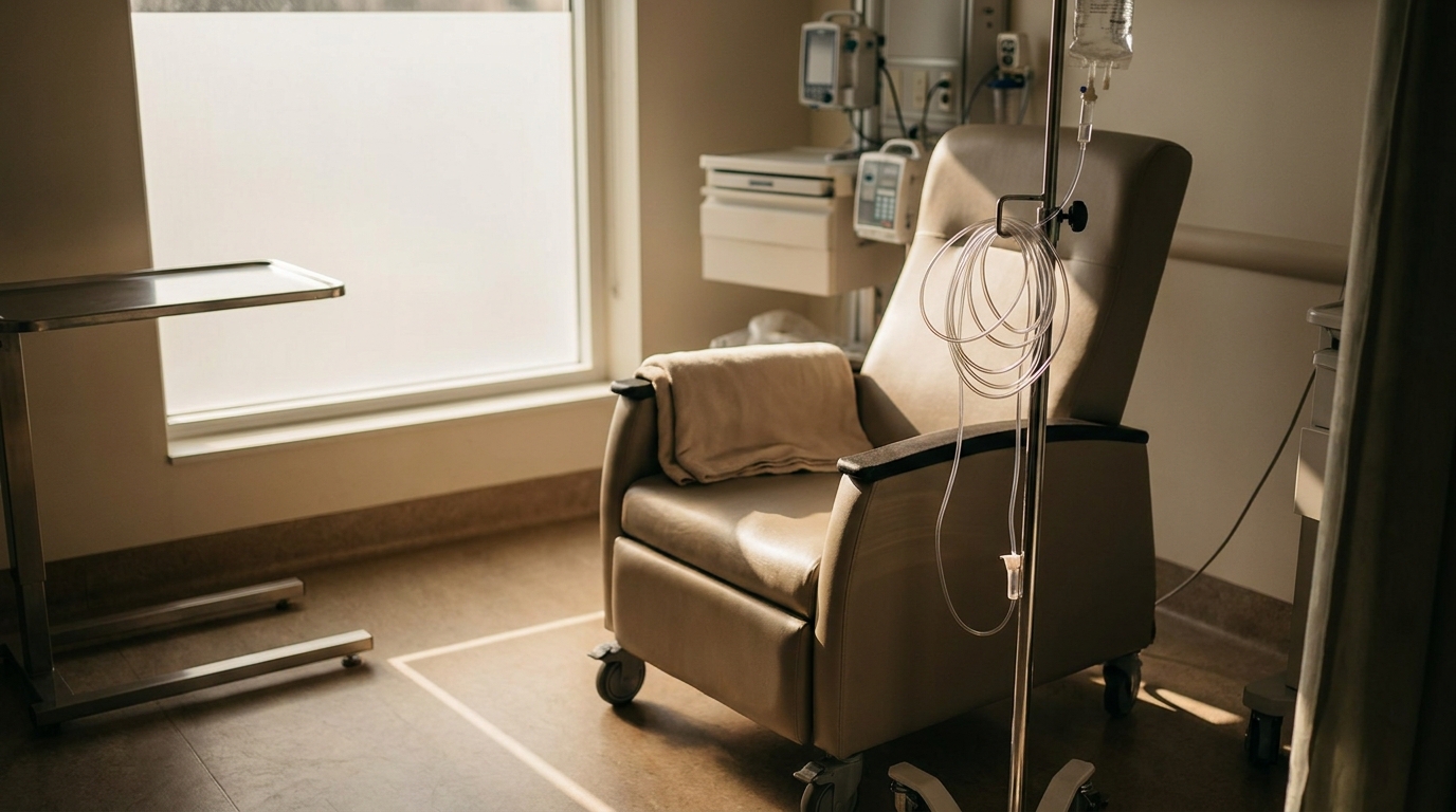 Fauteuil de chimiothérapie vide dans une salle de soins