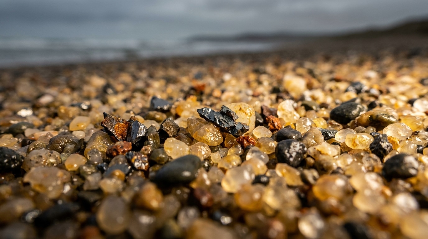 Gros plan sur des grains de sable mêlés à des éclats métalliques oxydés