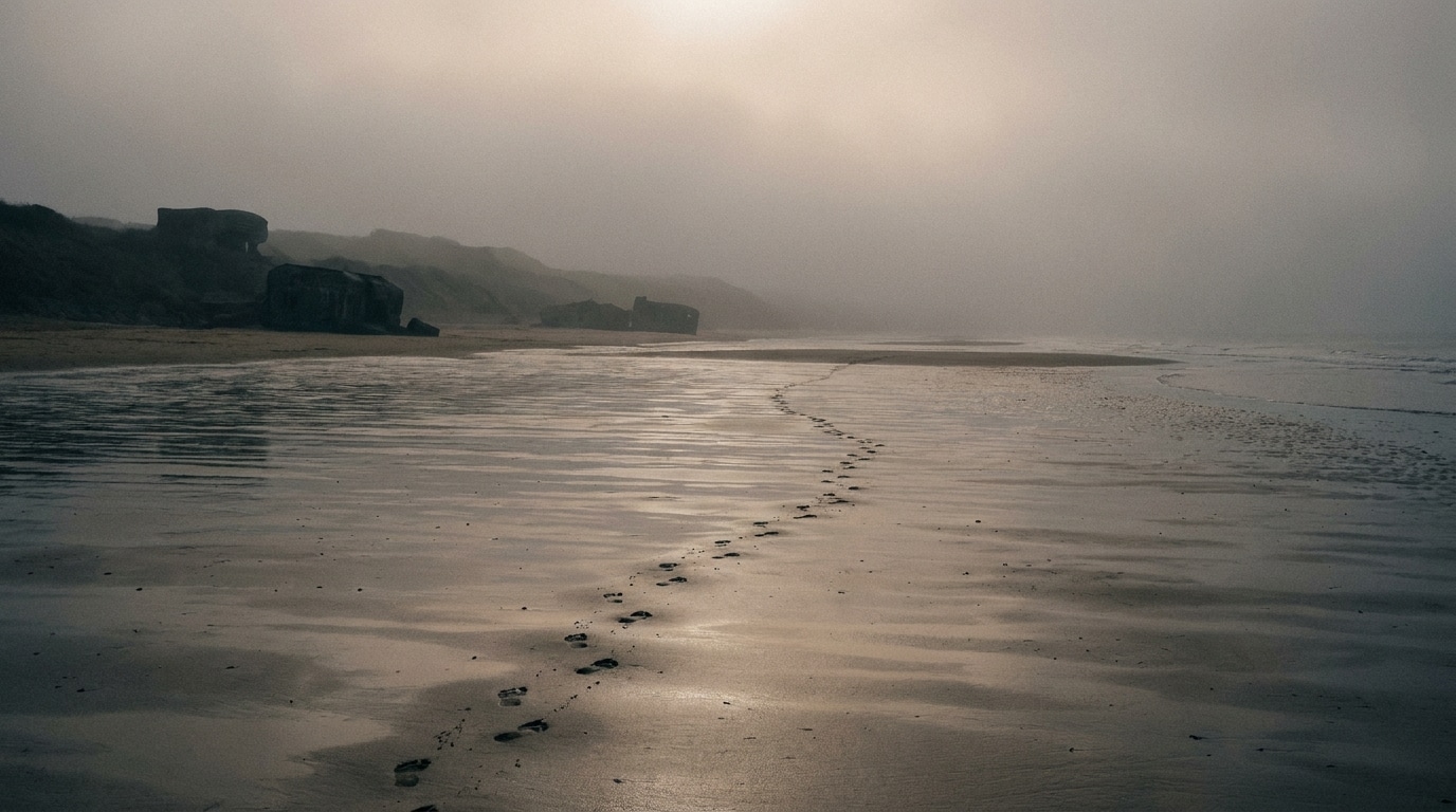 Vue large de la plage d'Omaha Beach à marée basse