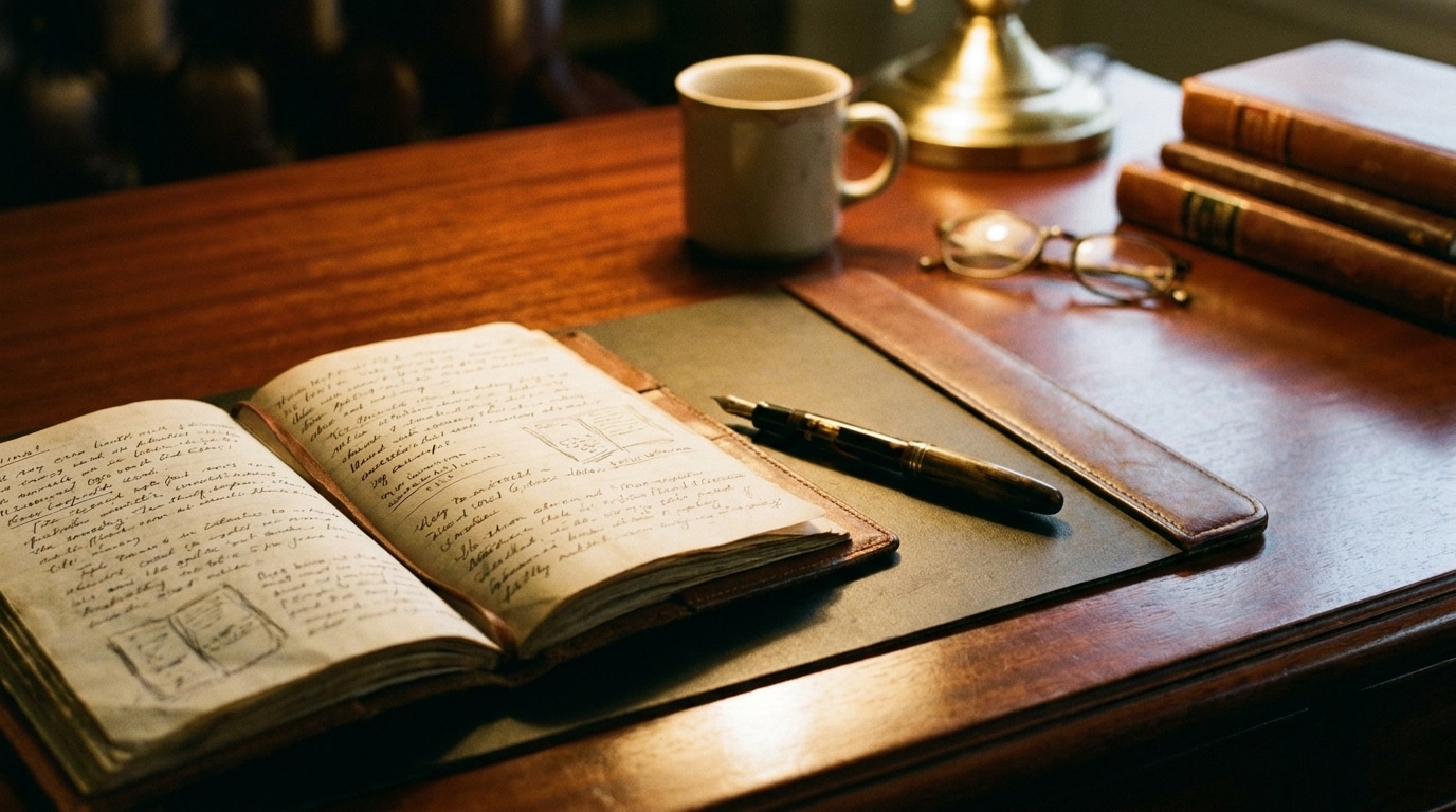 Bureau de psychiatre avec carnet ouvert et stylo sous une lumière tamisée