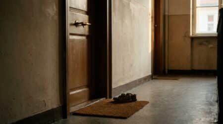 Porte fermée d'un appartement avec chaussures d'enfant