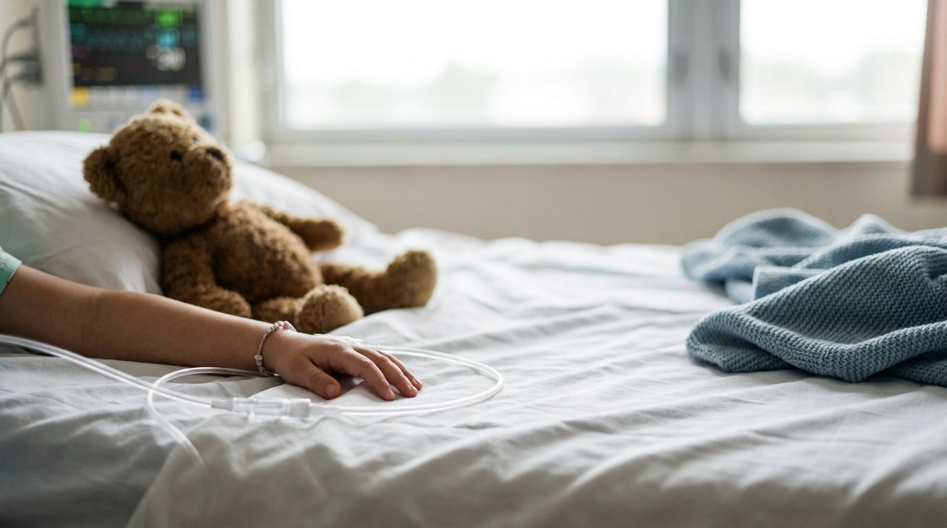 Petite main d'enfant posée sur un drap d'hôpital