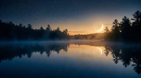 Ciel étoilé avec constellations au-dessus d'un lac calme