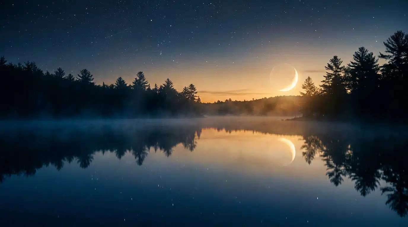 Ciel étoilé avec constellations au-dessus d'un lac calme