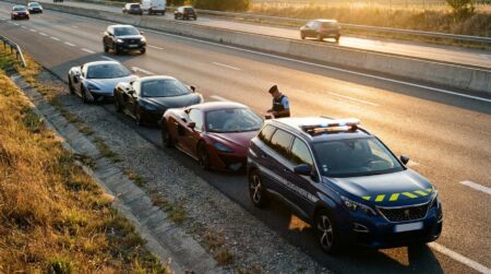 Supercars alignées sur le bas-côté d'une autoroute française avec véhicule de gendarmerie