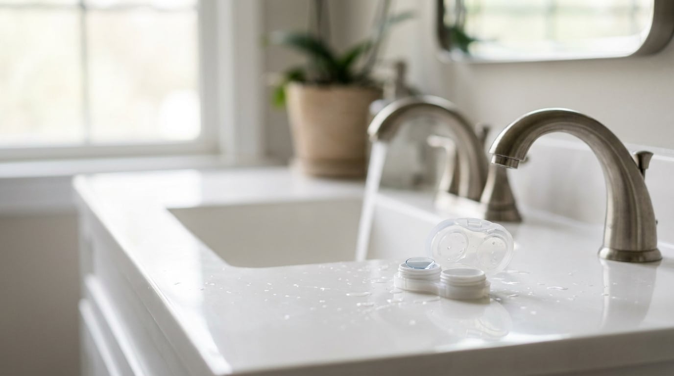 Lentilles de contact posées près d'un robinet ouvert avec des gouttes d'eau visibles