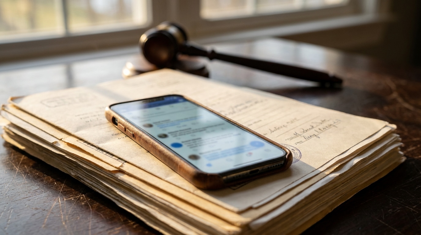 Smartphone posé sur des documents juridiques près d'un marteau de juge