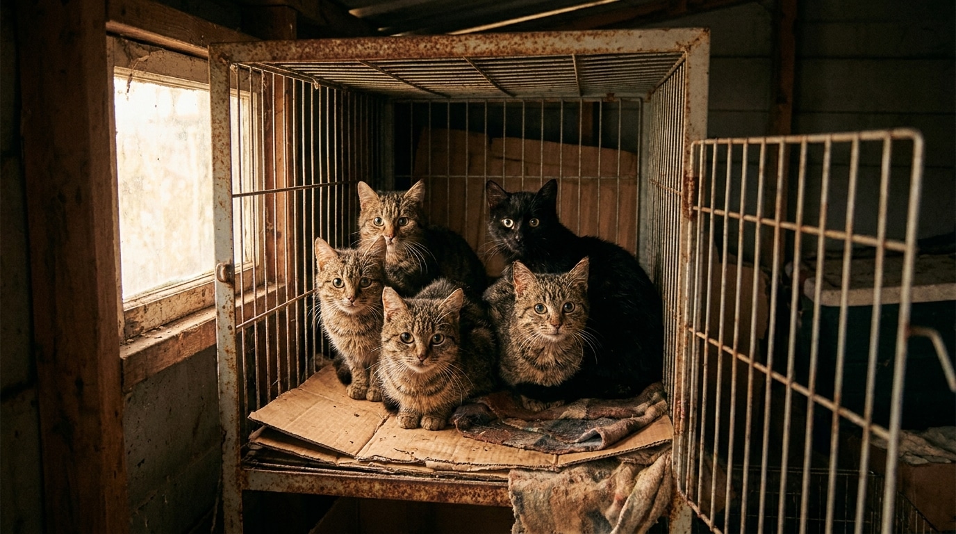 Chats entassés dans une cage grillagée sombre