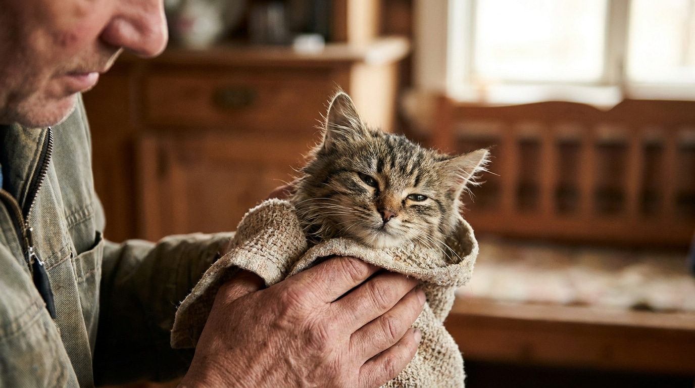 Mains tenant un chat rescapé enveloppé dans une serviette