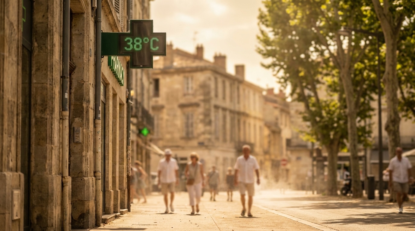 Thermomètre de pharmacie affichant 38 °C dans une rue française ensoleillée