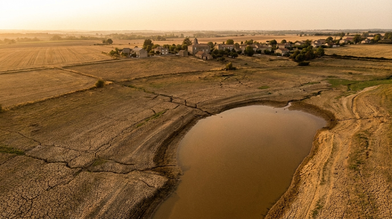 Vue aérienne de terres agricoles asséchées et d'un réservoir à sec en France