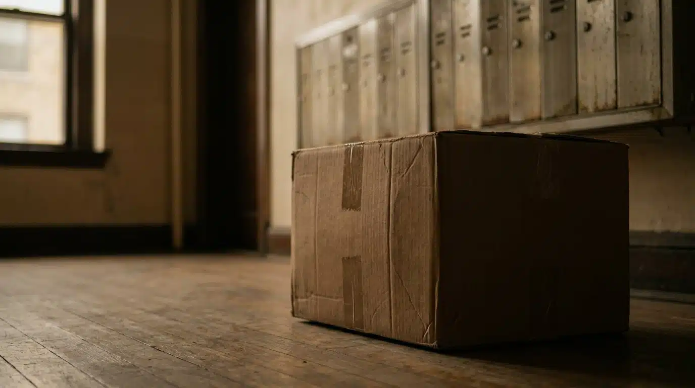 Colis posé au sol dans le hall d'un immeuble résidentiel