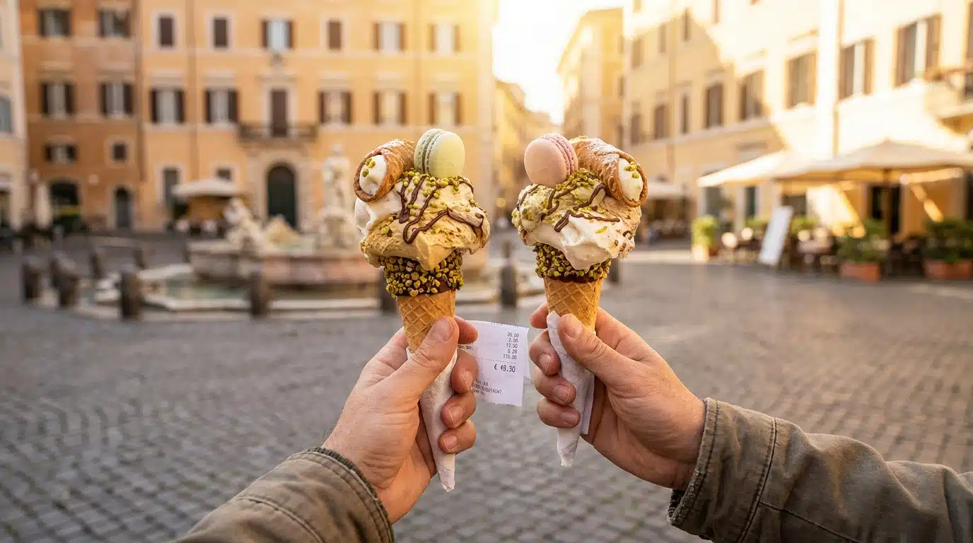 Deux cornets de glace garnis tenus devant une place romaine