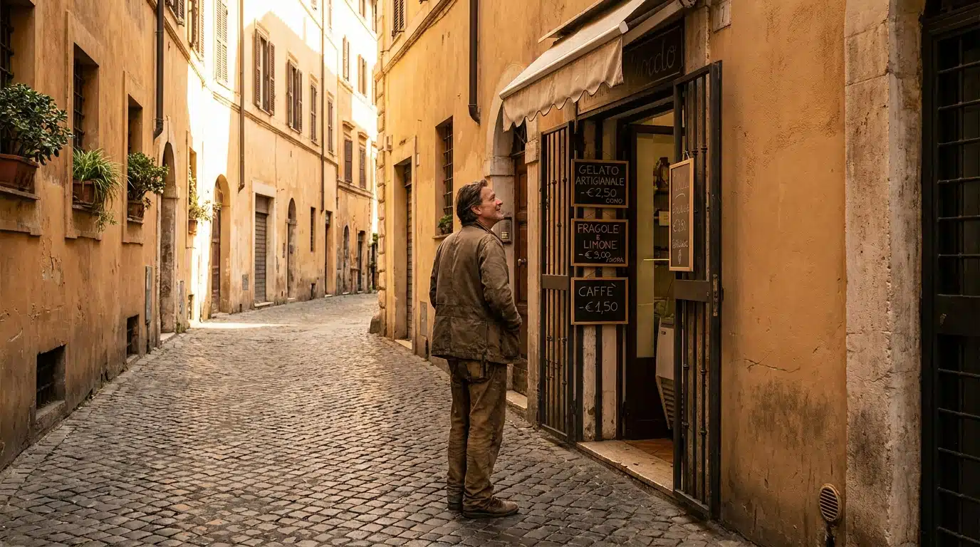 Rue calme de Rome avec un petit glacier artisanal