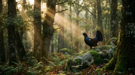 Urogallo cantabrique mâle perché sur un rocher en montagne
