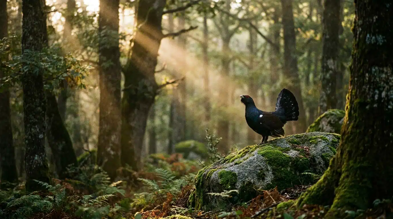 Urogallo cantabrique mâle perché sur un rocher en montagne