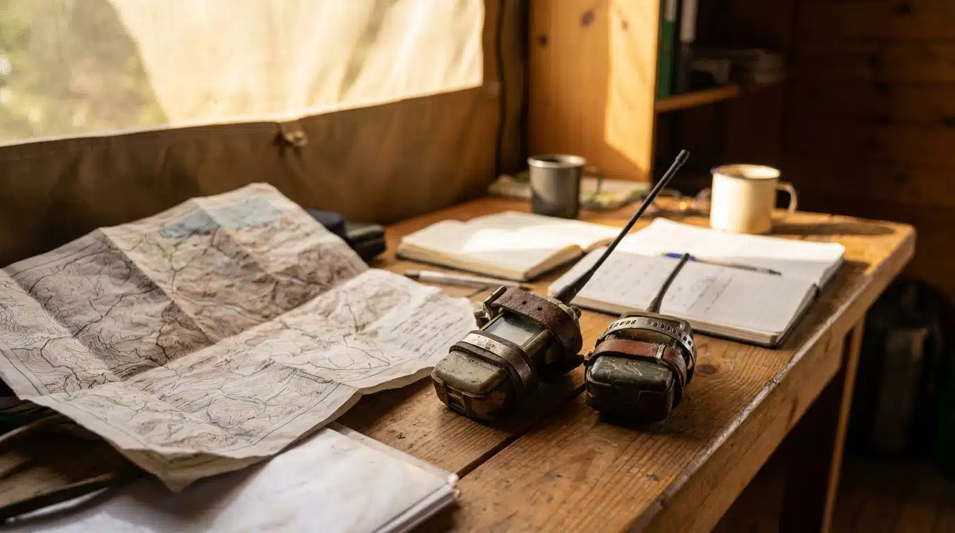 Émetteurs GPS et cartes topographiques sur table de terrain
