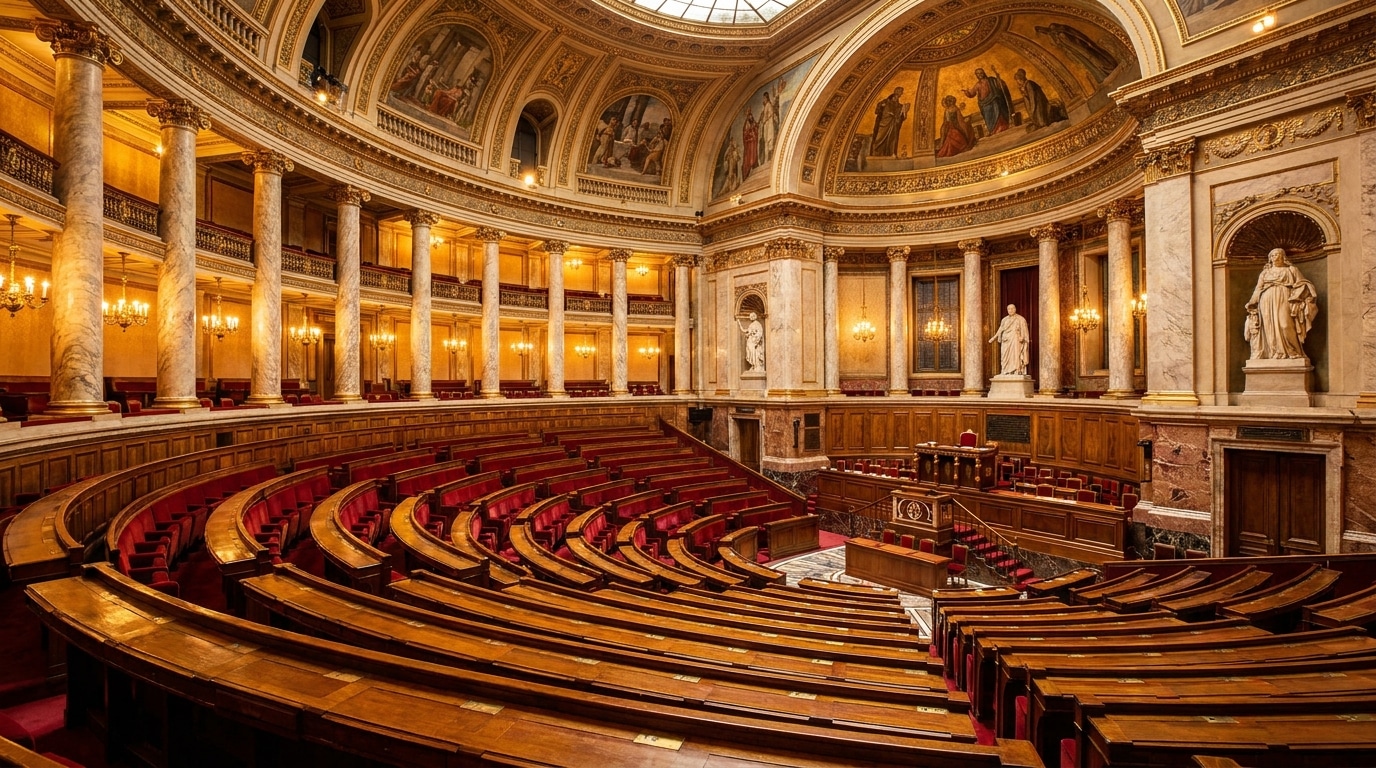 Hémicycle vide de l'Assemblée nationale sous la lumière dorée
