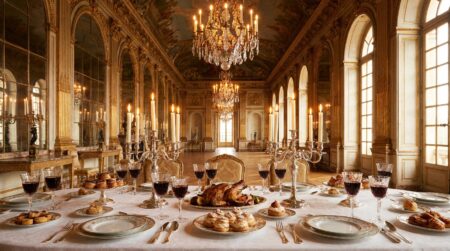 Table de dîner somptueuse dans un palais doré avec chandeliers
