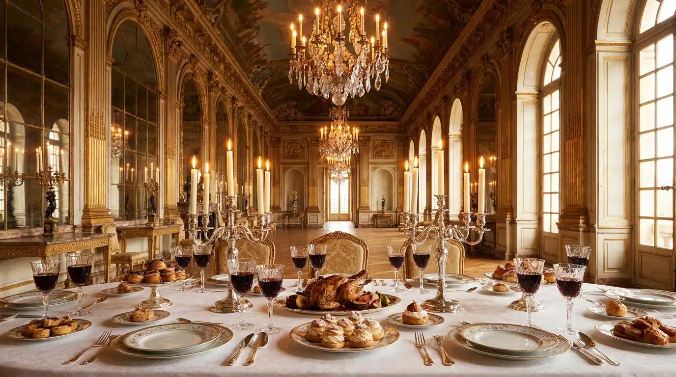 Table de dîner somptueuse dans un palais doré avec chandeliers
