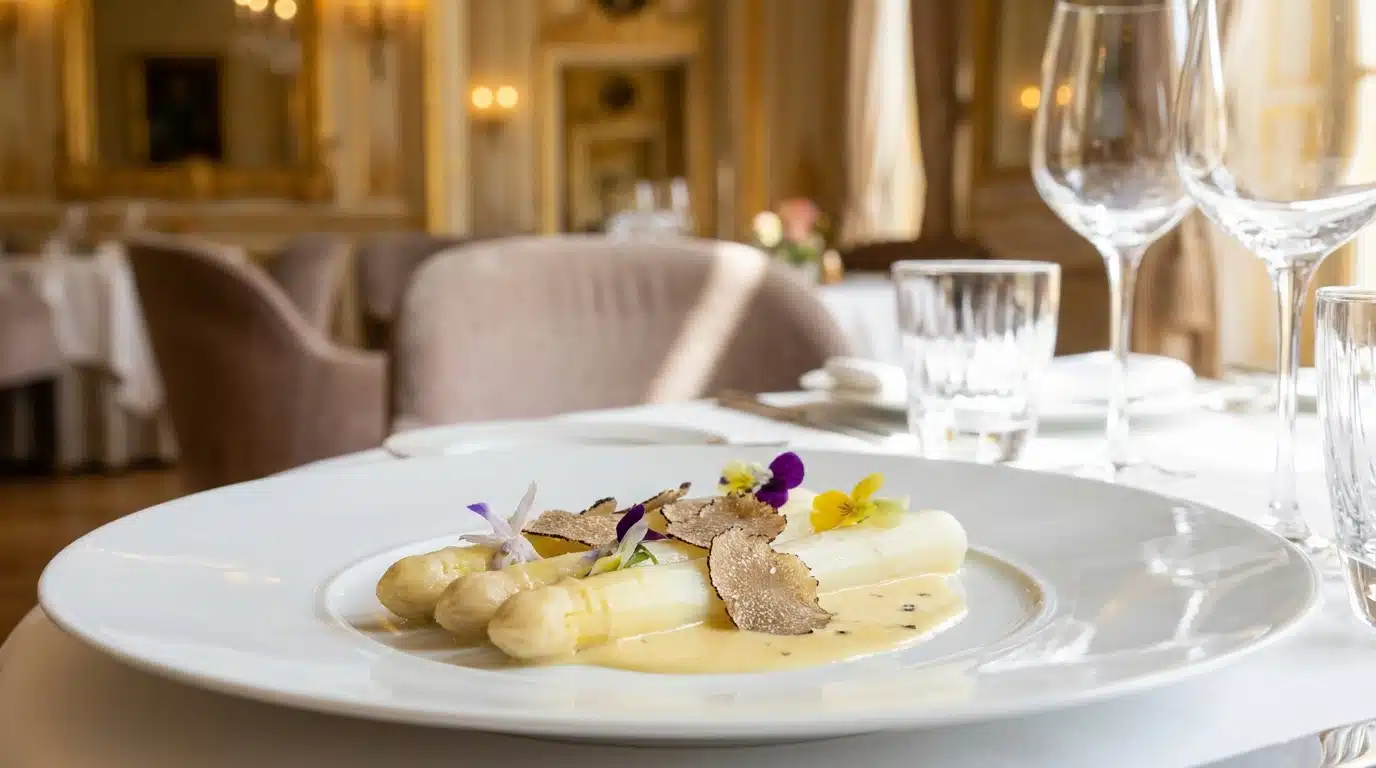 Assiette d'asperges gastronomiques sur porcelaine fine
