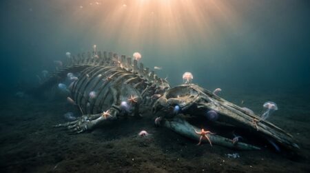 Squelette de baleine reposant sur le fond de l'océan profond