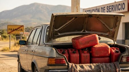Coffre de voiture rempli de jerricans rouges en station-service