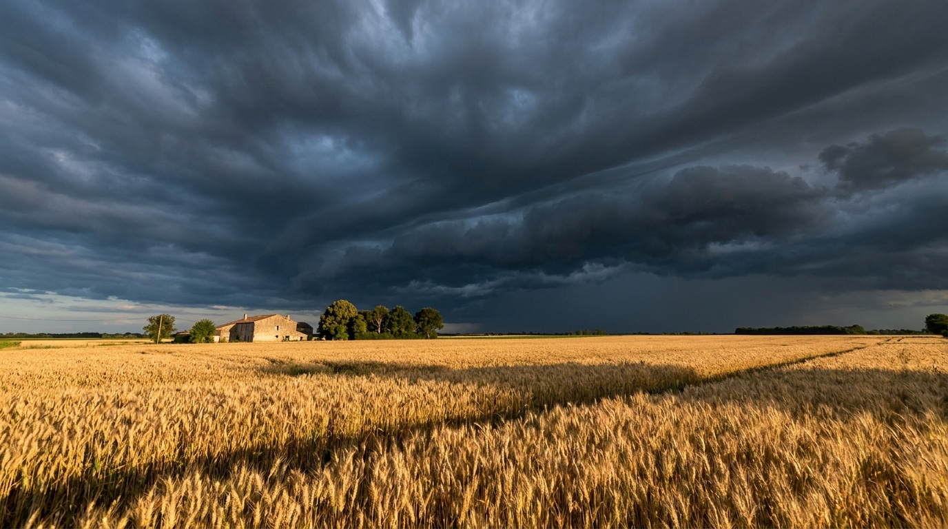 Ciel d'orage menaçant au-dessus d'un champ de blé ensoleillé