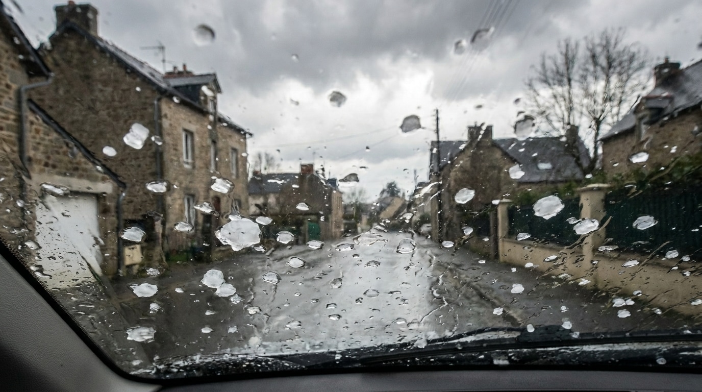 Grêlons sur un pare-brise de voiture sous la pluie